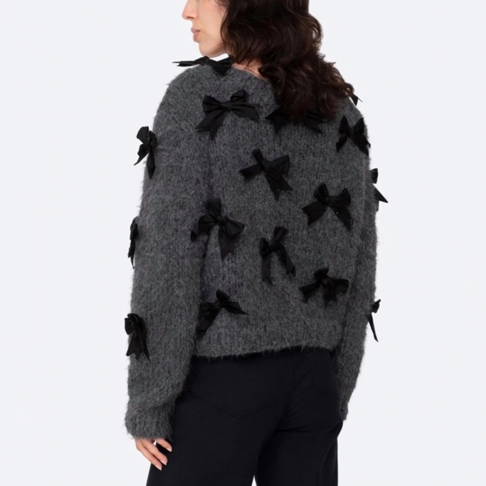SEA New York pippy gray black ribbon bow chunky knit wool sweater - Picture 2 of 10